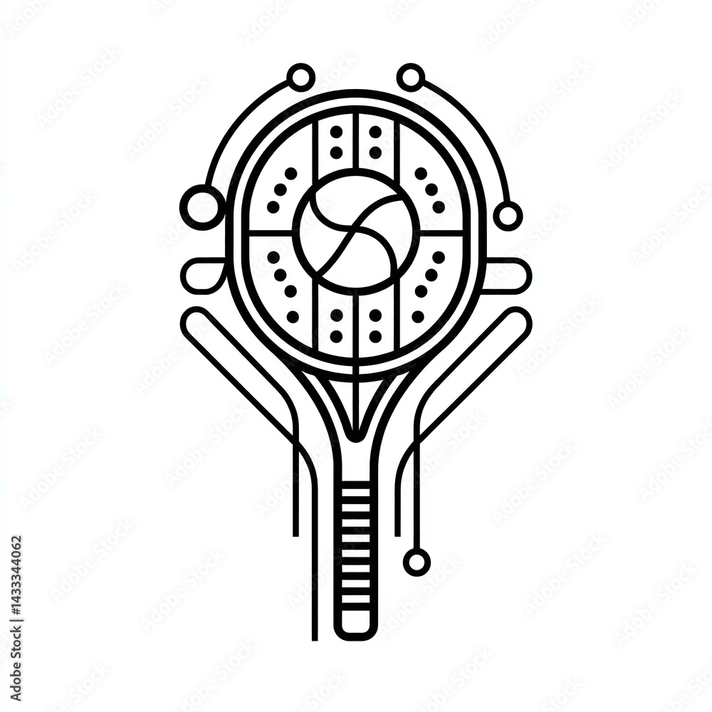 Poster abstract illustration of a tennis racket with a circular design and geometric patterns, symbolizing 