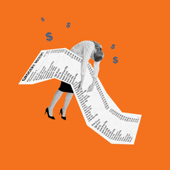 Exhausted woman collapsed over giant grocery receipt illustrating emotional toll of rising everyday...