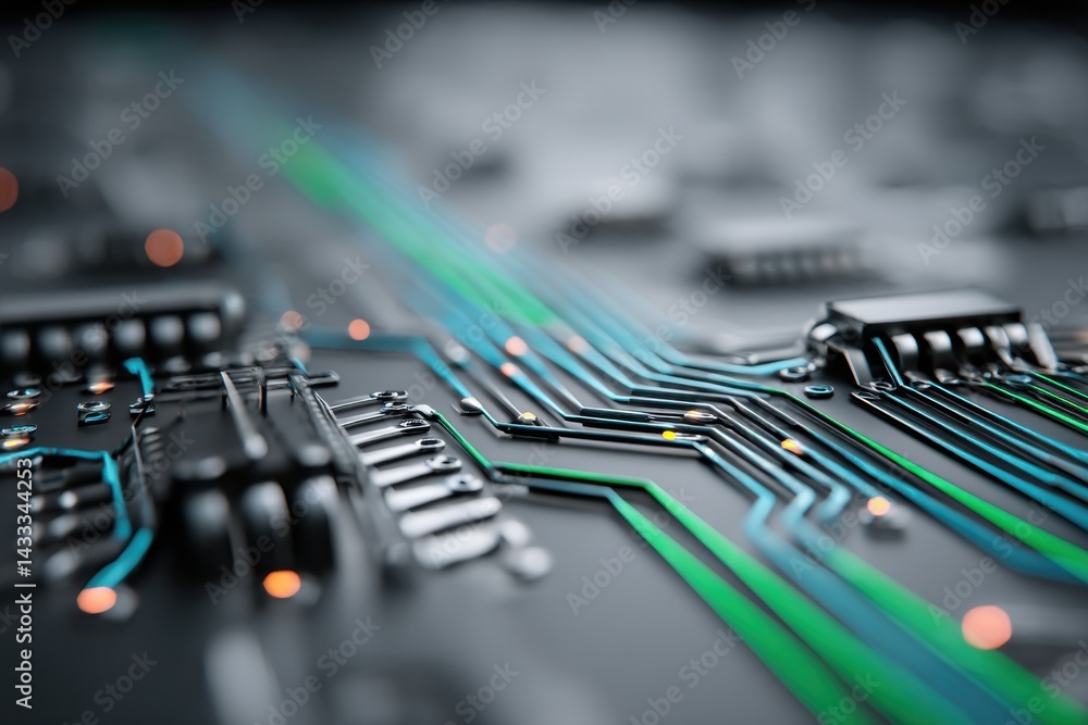 Poster a close-up of a modern circuit board with glowing pathways, showcasing advanced technology and compl