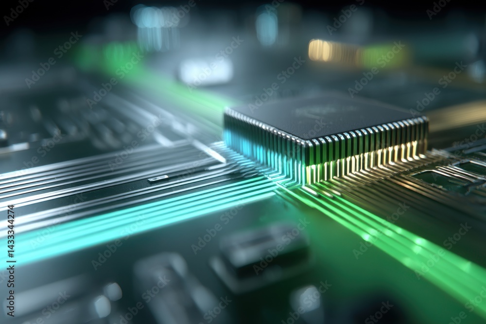 Poster a macro shot of a modern computer chip with glowing neon lines, highlighting the intricate electroni