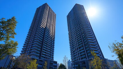 Obraz premium Modern twin towers against a clear blue sky