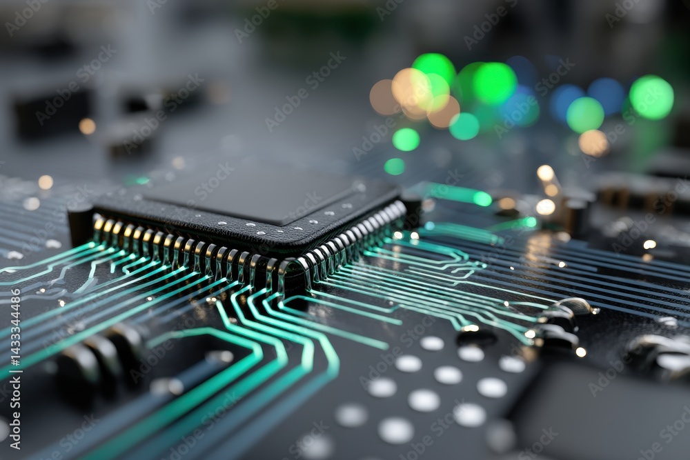 Poster a close-up of a modern computer chip with glowing green connections, highlighting the complexity and