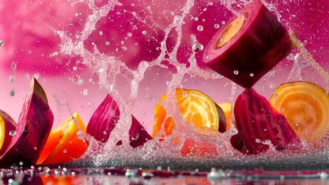 floating beetroot cuts in motion