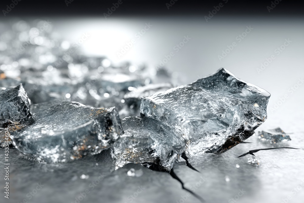 Poster close-up shot of ice shards on a cracked surface with a blurred background, showing the texture of t