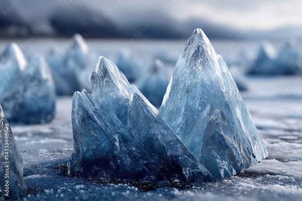 Poster a collection of striking ice formations standing on a frozen surface, creating a frosty and wintry l