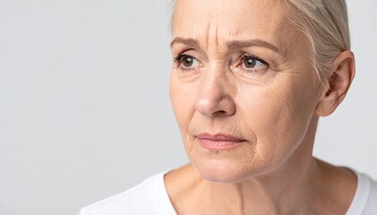 Fototapeta premium Mature Woman's Thoughtful Face Close Up Portrait Showing Wrinkles and Aging Skin