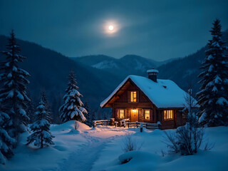 Cabin in Snowy Landscape at Night with Full Moon