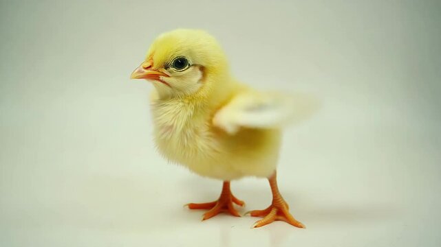 Adorable Yellow Baby Chick on Plain Background - Fluffy Newborn Chicken with Orange Beak and Feet - Cute Farm Animal Poultry Hatchling - Spring Easter Symbol 4k video.