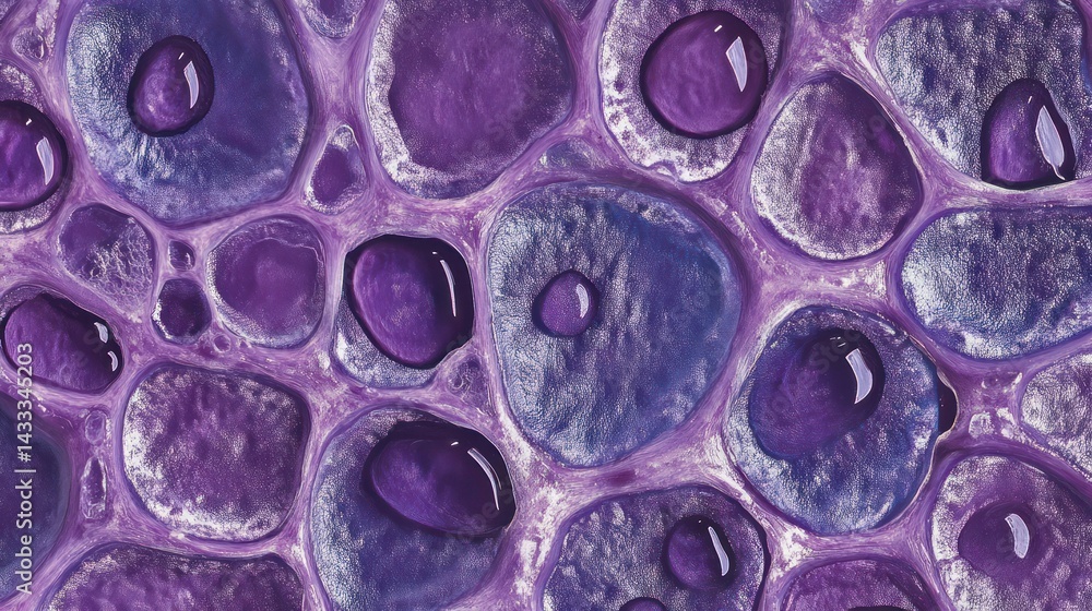 Poster abstract cellular structure displaying liquids and varying purple hues