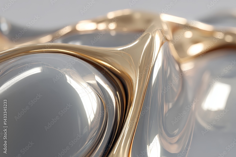 Poster abstract 3d render of fluid shapes with reflective golden lines and white surface, creating a sleek 