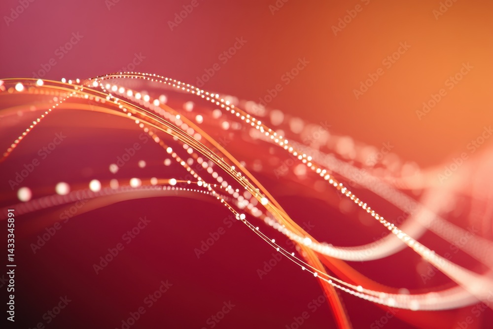 Poster Abstract glowing particle streams flow on a vibrant gradient background in red, creating a futuristic and dynamic digital art effect, with smooth lines and curves.