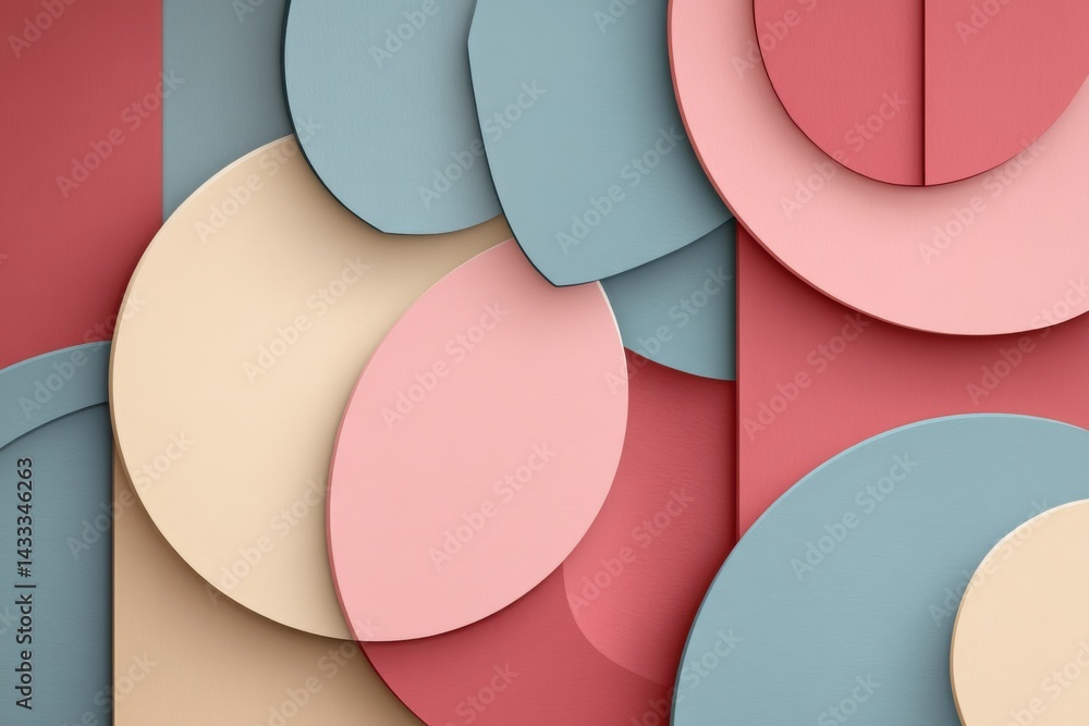 Poster Abstract geometric pattern featuring overlapping circles and rectangles in pastel colors creating a modern and elegant background design for various creative projects.