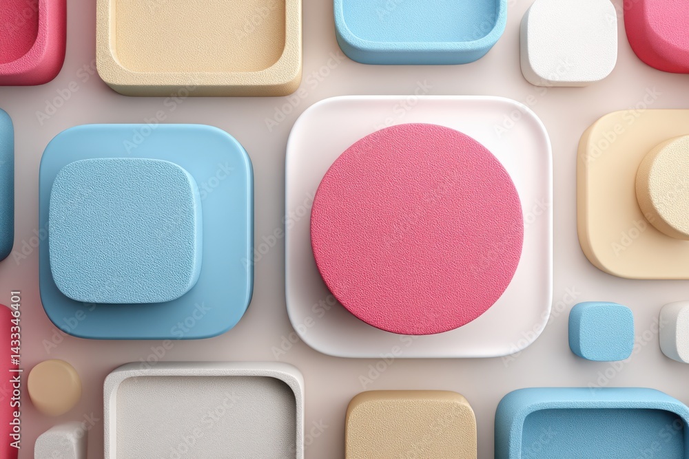Poster pastel geometric shapes in playful 3d arrangement, creating a modern, cheerful composition with a ba