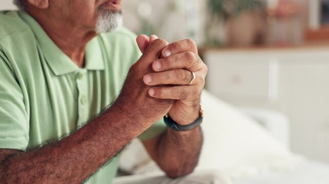 Senior man, hands and nervous with stress, home or mental health with retirement and anxiety. Elderly person, house living room or pensioner worry with regret, memory or sad with nostalgia or loss