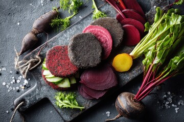 A colorful and vibrant selection of sliced beets, including red, golden, and black varieties, arranged on a rustic cutting board with fresh greens and salt crystals.