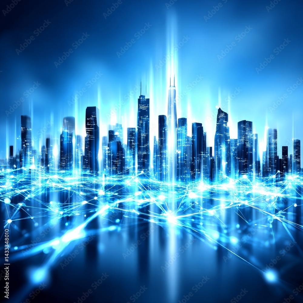 Poster digital cityscape: futuristic network connectivity in a glowing blue metropolis with abstract data s