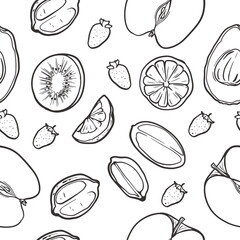 Vector seamless pattern with fruits on white background. Line drawn fresh ripe fruits isolated from background. Suitable for printing