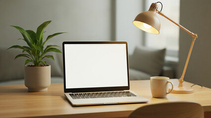 Modern Workspace Setup With Laptop, Lamp, Coffee Mug, and Houseplant