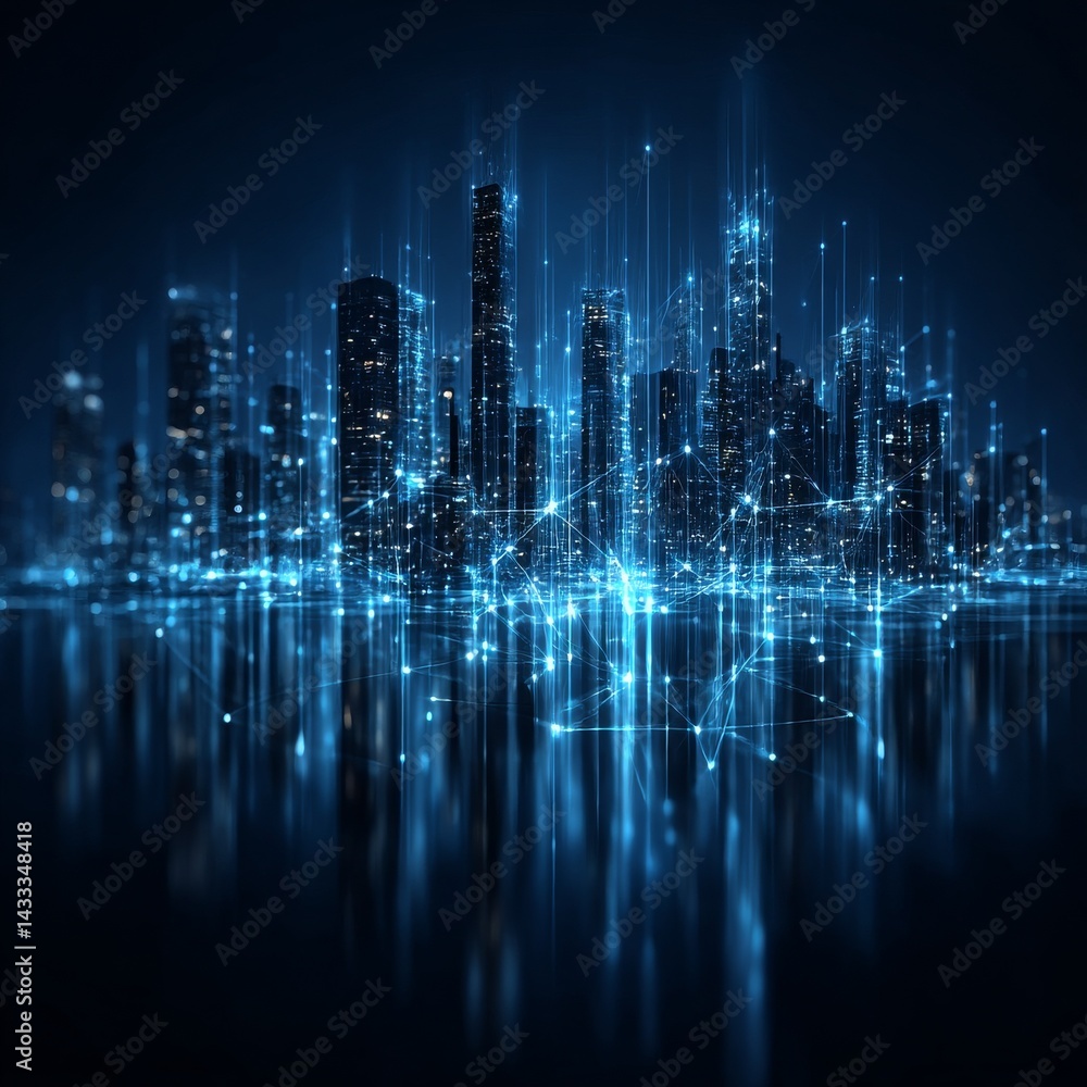 Poster Futuristic Cityscape with Glowing Data Connections: Visualizing Digital Network in Urban Environment