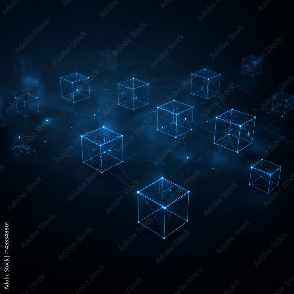 Poster interconnected network of blue cubes: representing blockchain, data flow, and futuristic technology