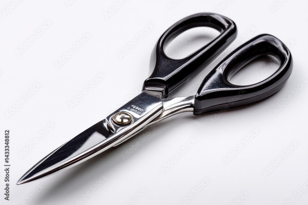 Poster a close-up shot of a pair of black handled scissors on a white surface, showcasing the sharp blades 