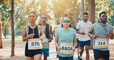 Running, marathon and health with people in park for charity event, race challenge and fitness. Speed, fundraising competition and exercise with runners in nature for performance, group and sports