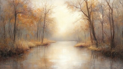 Fototapeta premium A tranquil river flows through a muted autumnal forest