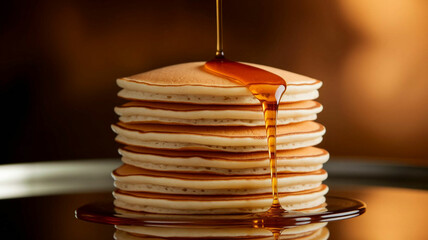 A Delicious Stack of Golden Pancakes Being Drizzled with Rich Maple Syrup on a Reflective Surface