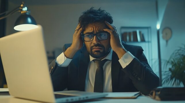 Indian businessman holding head shows despair, tension, overwhelmed with laptop, reflecting workplace difficulties.