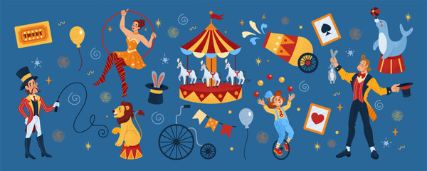 Circus. Carousel with balloon. Acrobat on trapeze. Clown performer in tent. Cute animal, vintage entertainment. Carnival show. Chapiteau performance. Vector tidy festival cartoon flat isolated set