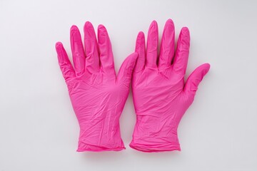 Obraz premium Two bright pink disposable gloves are positioned on a white background, ready to provide protection and hygiene, useful for various applications and occupations.