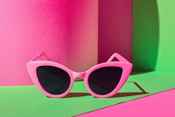 Close-up of trendy pink cat-eye sunglasses on a vibrant green and pink background, fashionable eyewear for summer, retro style accessory with a bold colorful design.