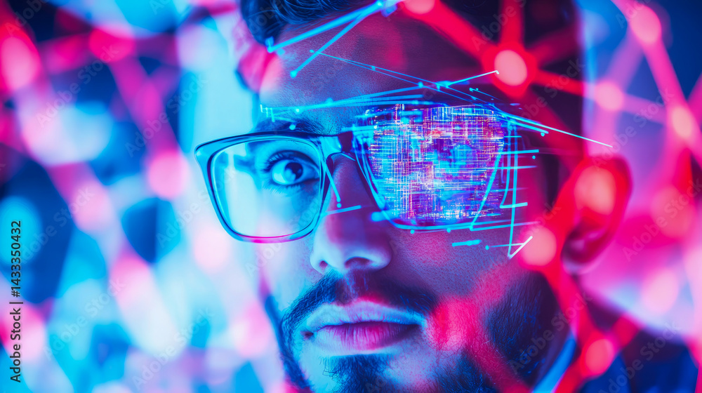 Poster tech vision: futuristic network interface overlay on a person's face with augmented reality glasses
