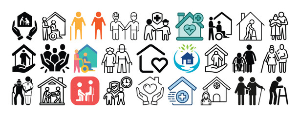 Set of Elderly Care, Assisted Living, Senior Wellness, Home Care, Elderly Care Home and Nursing icon set collection vector design.