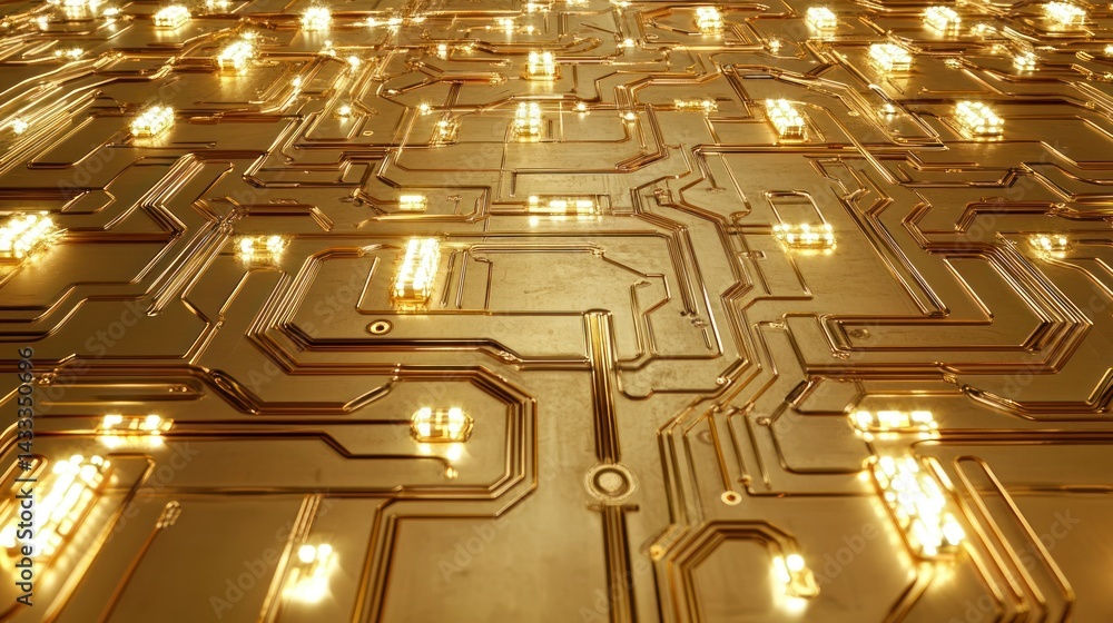 Poster an abstract close up view of a golden circuit board
