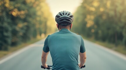 Obraz premium Cyclist on a Dedicated Bike Path During a Sunny Day Surrounded by Lush Green Trees and a Clear Blue Sky