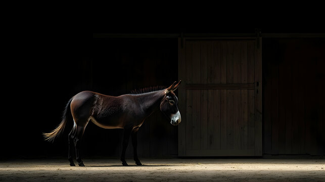 Brown Donkey In Barn With Wooden Doors Under Dramatic Lighting