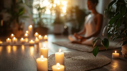 Black woman practices meditation in lotus pose amidst glowing candles plants seeking peaceful relaxation.
