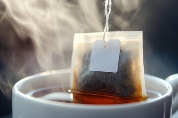 Teabag above a white ceramic mug with a steaming drink. Hand is picking a tea bag into a cup of tea. Teabag in hot water. Morning beverage. Tagged teabags with string. Someone preparing tea