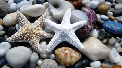 Two starfish, one white and one natural, resting on a colorful assortment of smooth beach pebbles and stones, evoking a serene coastal theme.