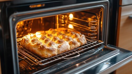 Freshly baked bread inside oven radiates warmth, tempting aroma creates anticipation for delightful treat.