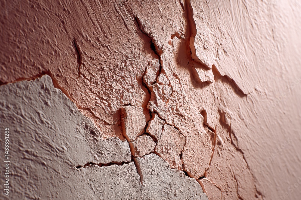 Poster macro shot of a textured wall with peeling paint and cracks, revealing layers of color, creating a r