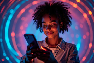 Young girl using new mobile app on smartphone in neon light, free space. AI