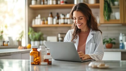 Pharmacist types on laptop, appearing happy, working remotely with medications, provides care, and research.