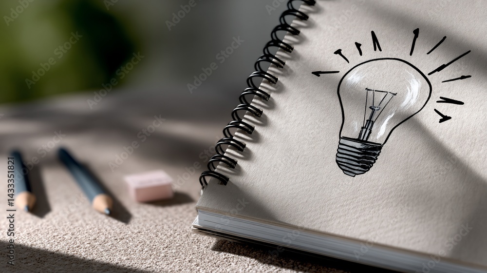 Poster idea notebook with sketch of lightbulb
