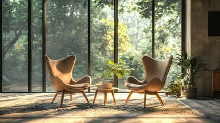 Two chairs and table inside a bright sunlit living room