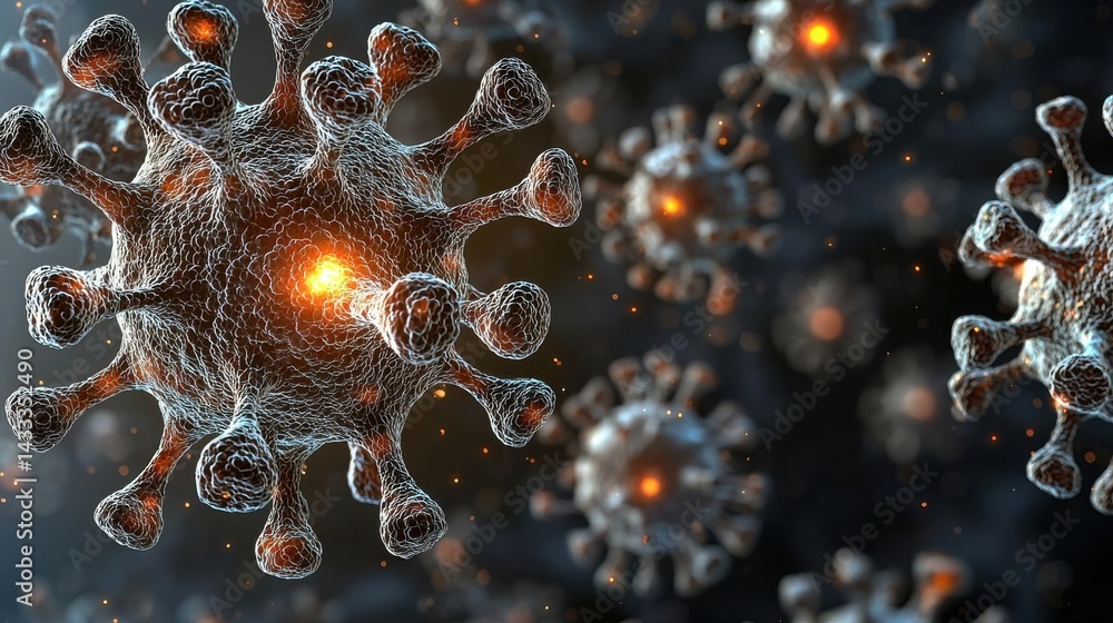 Poster a detailed 3d rendering showcases a virus cell with intricate structure and glowing details.