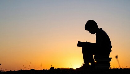 Silhouette of asian male child reading book against golden sunset