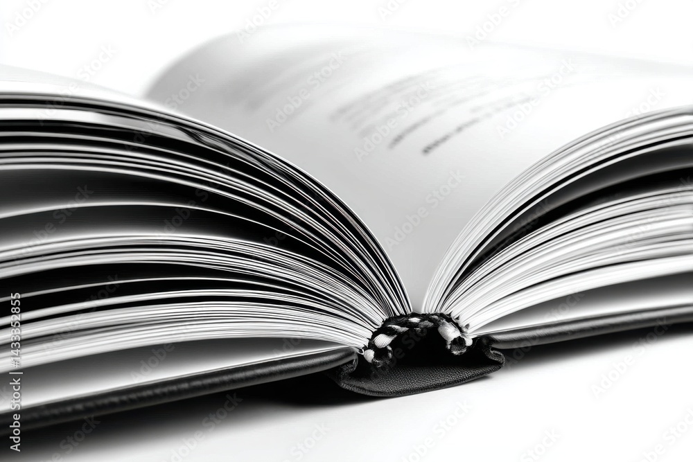 Poster a close-up shot of an open book showcasing the texture and structure of its pages, inviting explorat