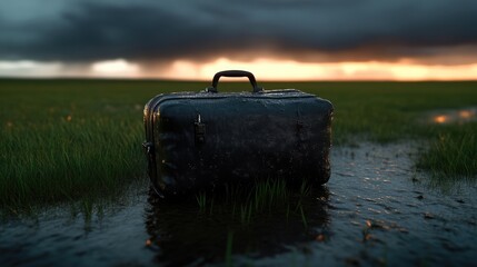 A dark, old suitcase sits abandoned in a muddy field under a stormy sky with a distant sunset.